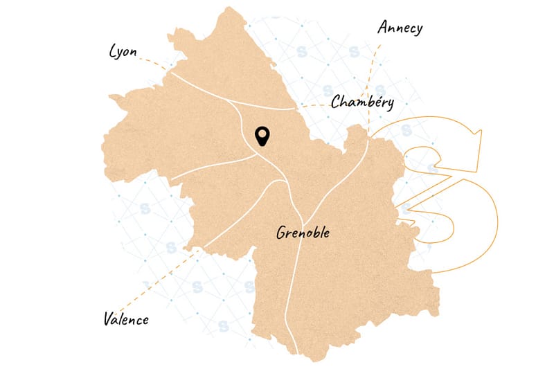 Carte de la région Rhône-Alpes indiquant la localisation de Sophiacal à Châbons, entre Lyon, Grenoble, Chambéry, Annecy et Valence.