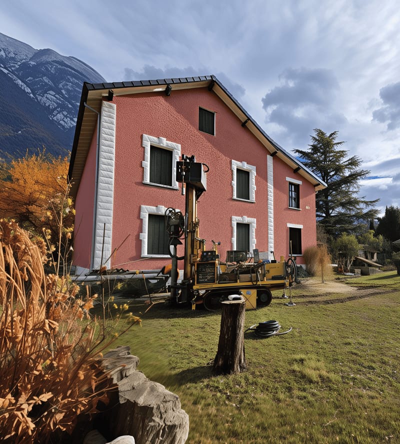 Chantier d’aquathermie Sophiacal devant une maison en Isère : forage pour capteur eau-eau.